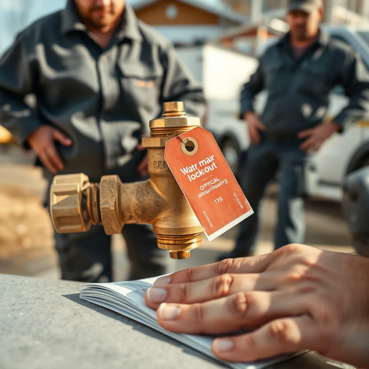Residential water main shutoff valve with red lockout tag confirming supply isolation and drainage