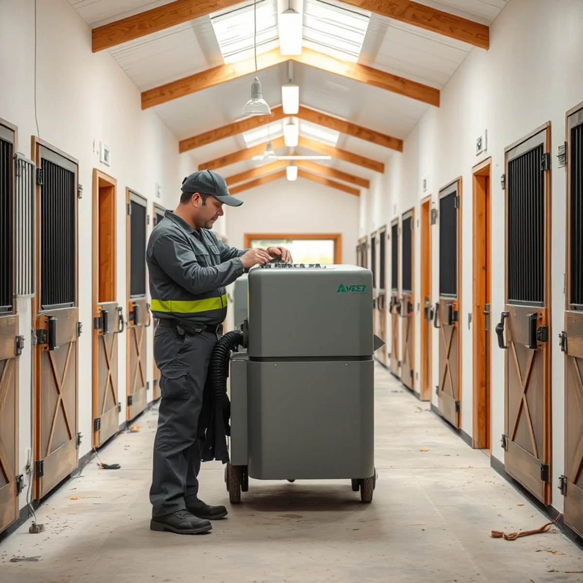 Commercial HEPA air scrubber operating inside private horse stable corridor in Brookfield