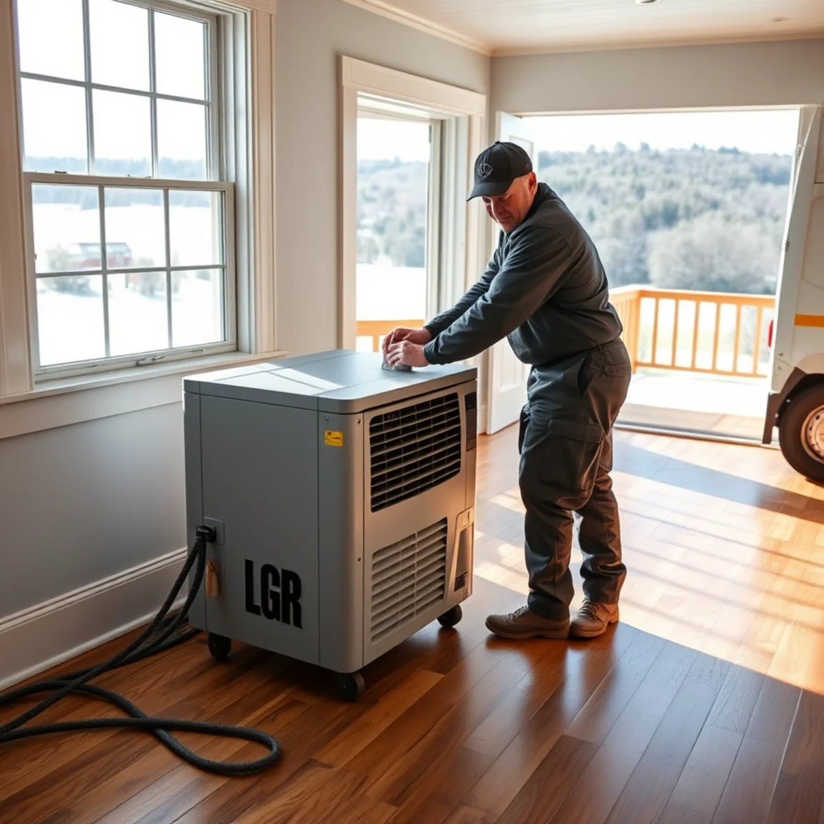 Restoration technician adjusting commercial dehumidifier inside elevated Brookfield NY farmhouse