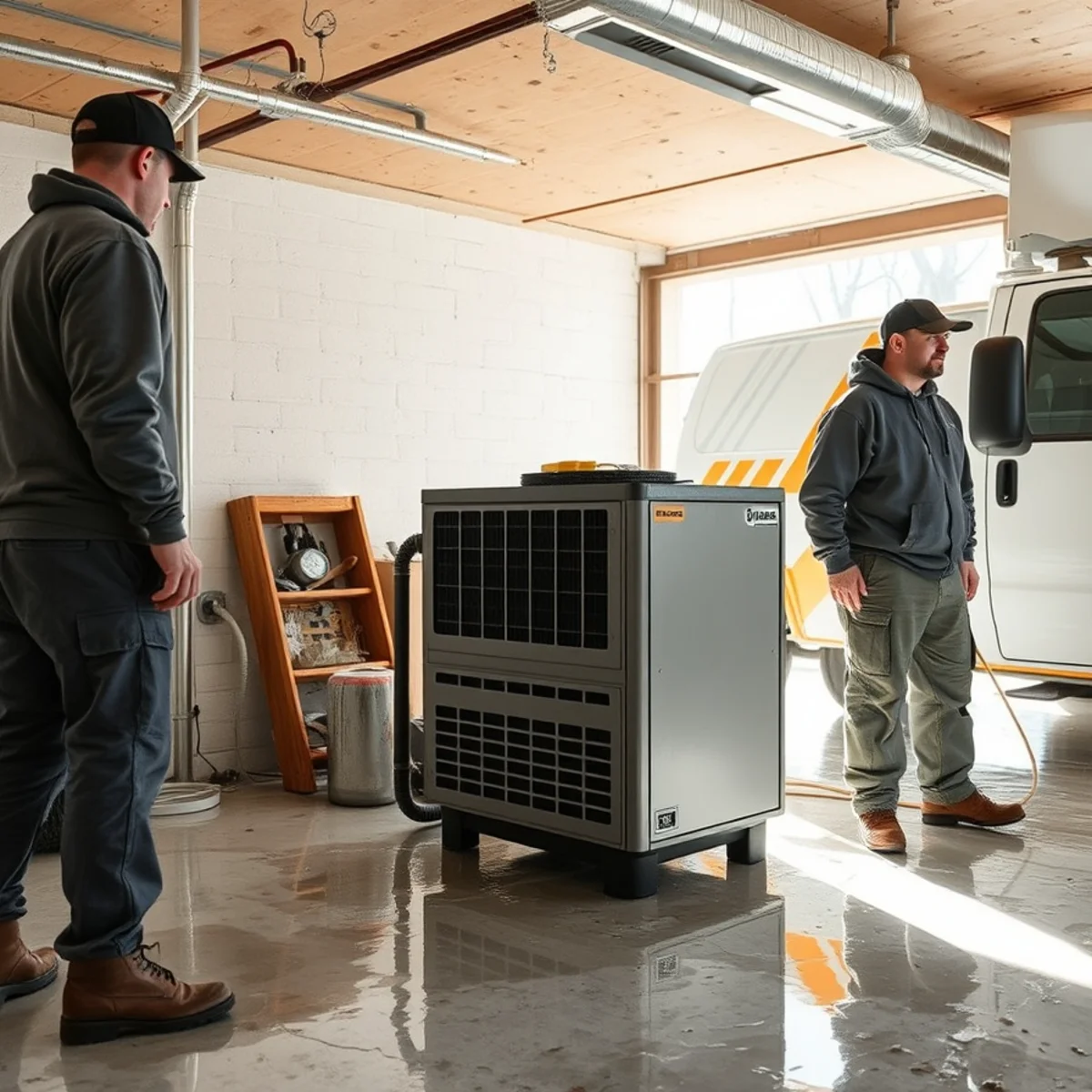 Commercial desiccant dehumidifier drying finished basement in Broome County near river