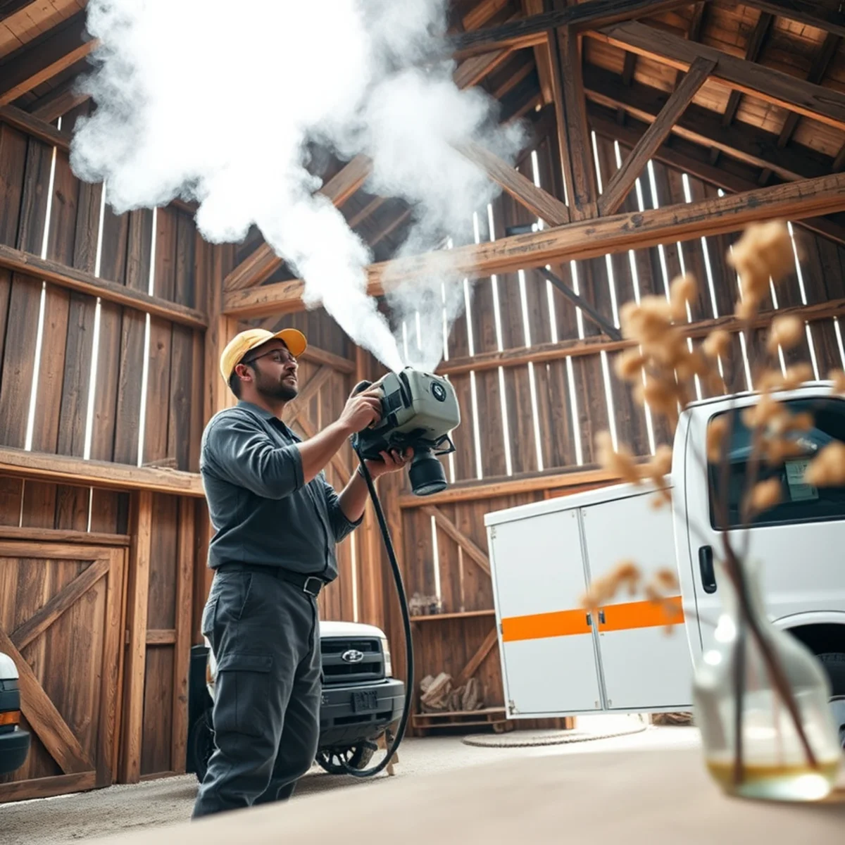 Technician operating thermal fogger inside rustic timber-frame barn to neutralize smoke odors