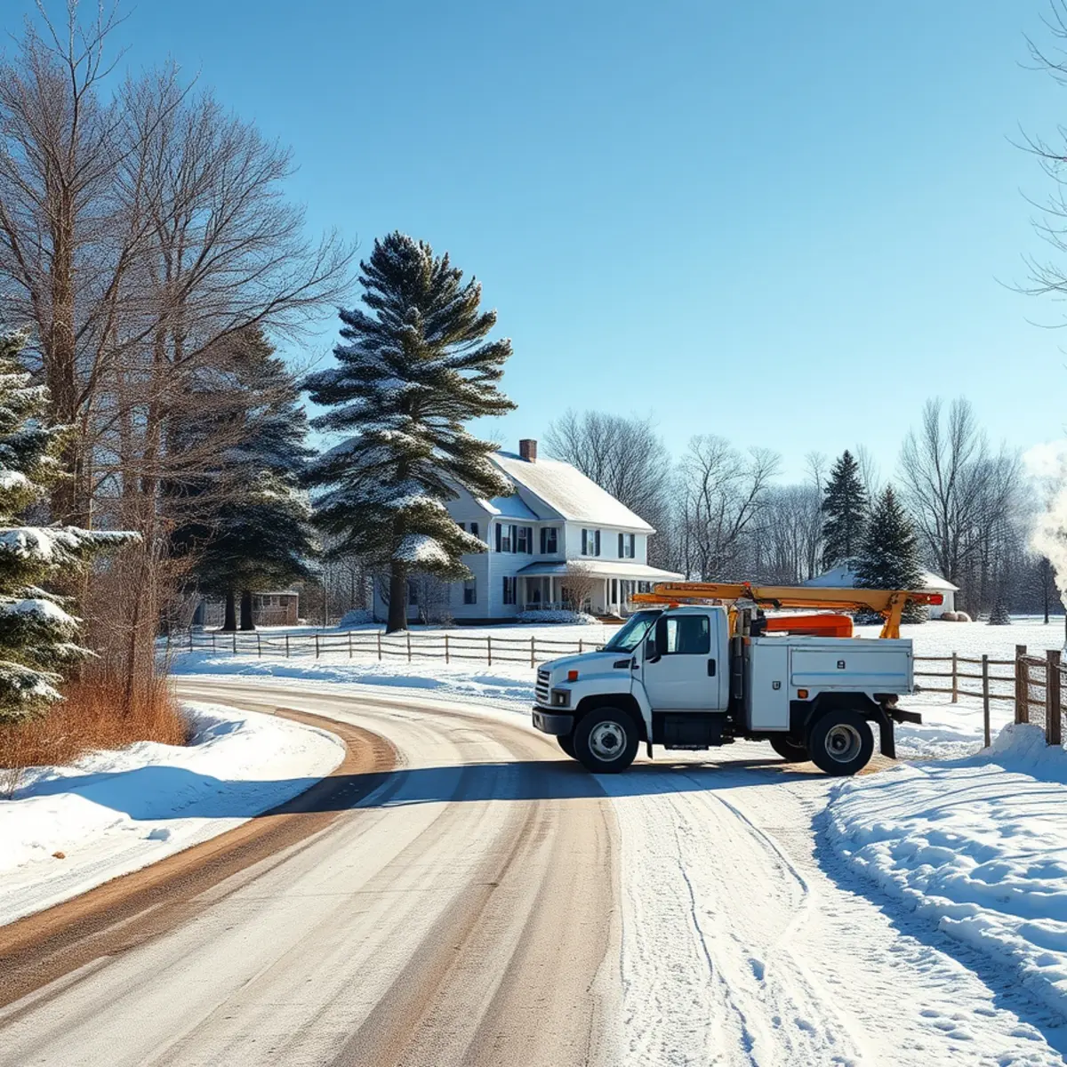 Winter country scene in Columbus NY with emergency restoration vehicle parked in cleared driveway