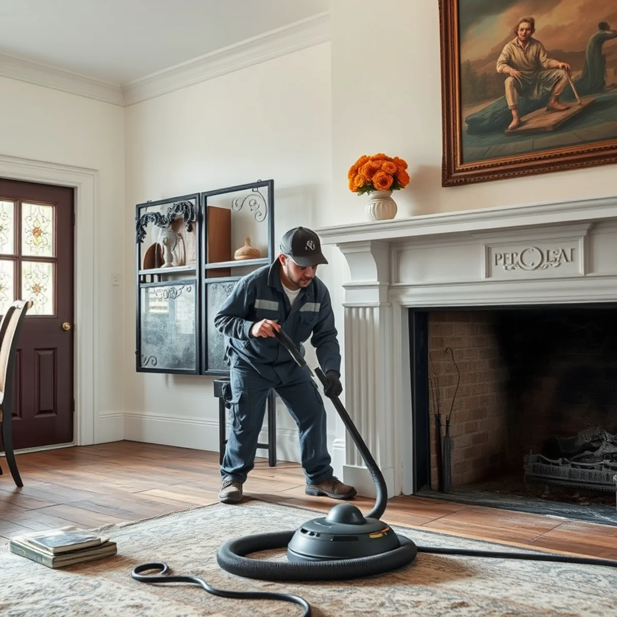 Technician cleaning intricate carved fireplace mantel in historic Cortland Victorian home