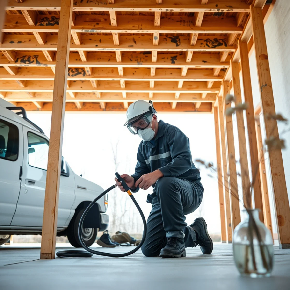 Technician applying antimicrobial wash to floor framing in Delaware County watershed property