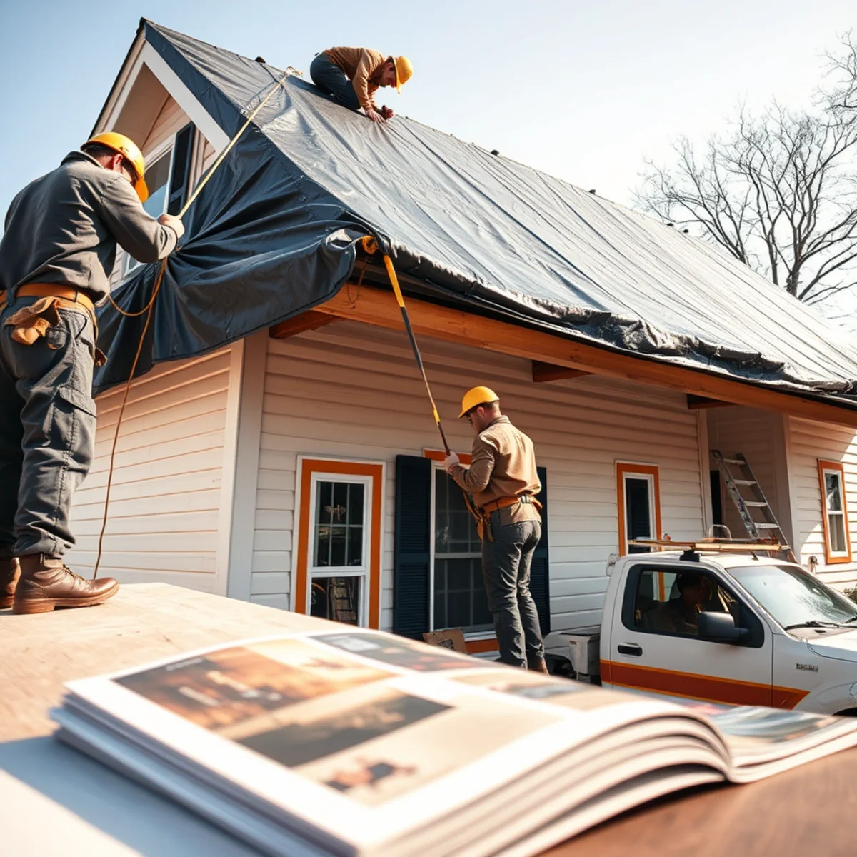 Roofing crew securing commercial heavy-duty tarp over damaged eaves of Earlville home