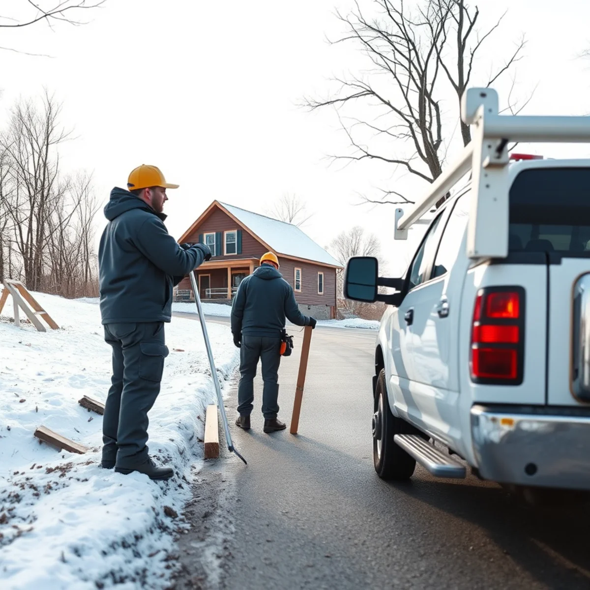 Technicians securing exterior window board-up on remote Edmeston hilltop property in winter