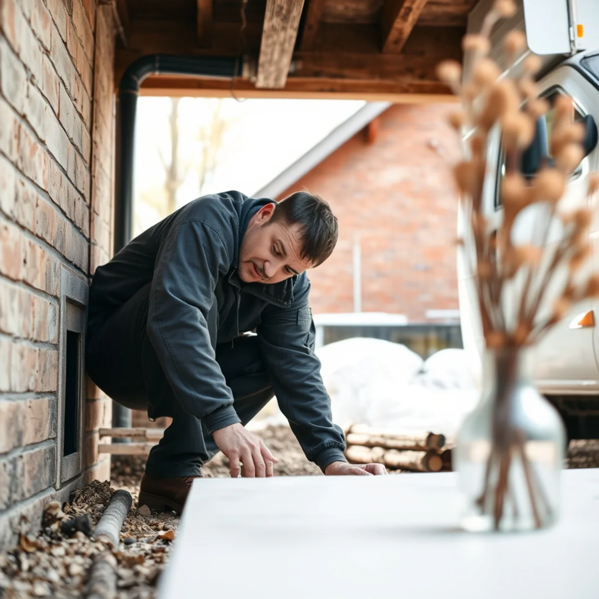 Technician inspecting outdoor wood boiler hydronic pipe penetration into basement in Edmeston