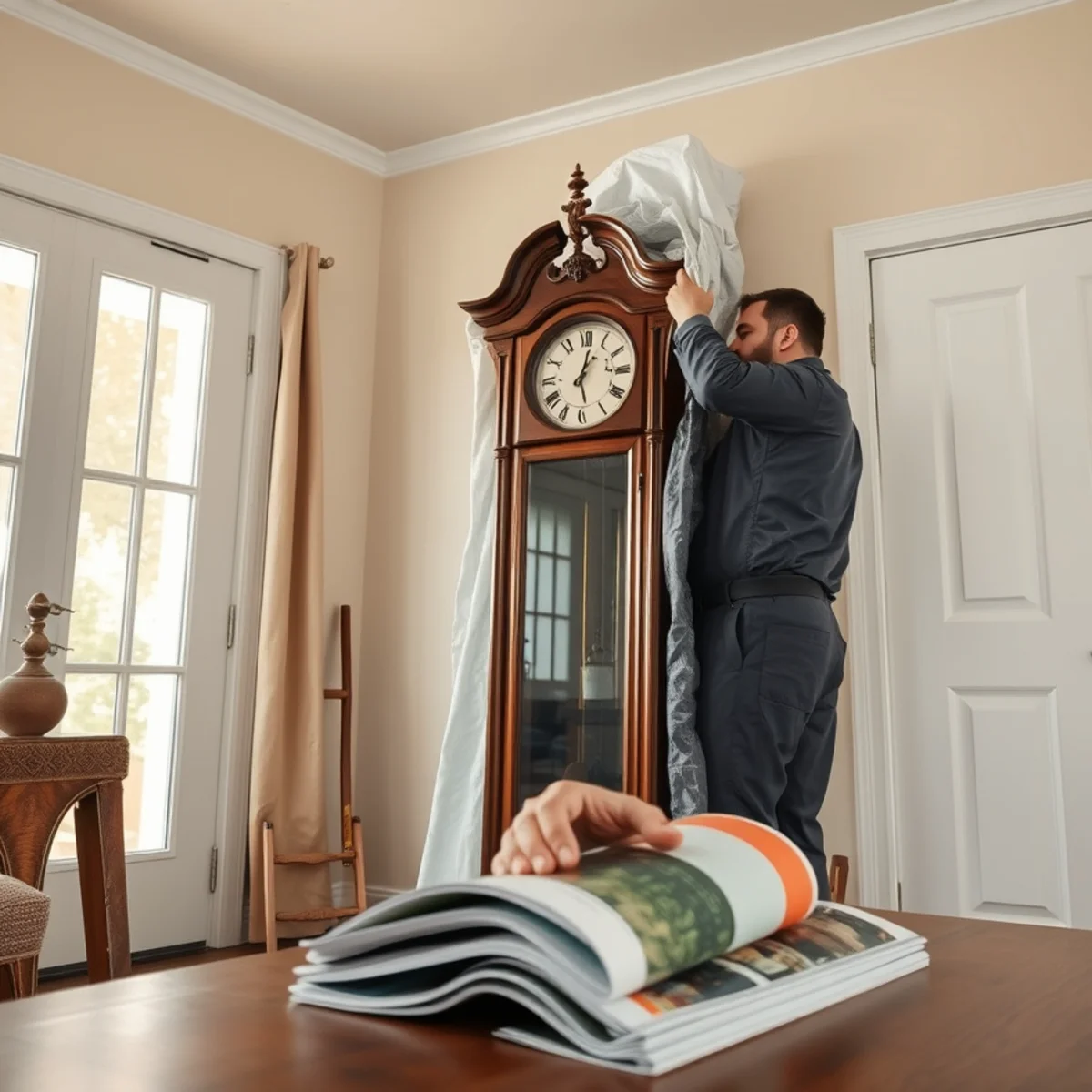 Specialist wrapping antique mahogany grandfather clock in protective deodorization barrier