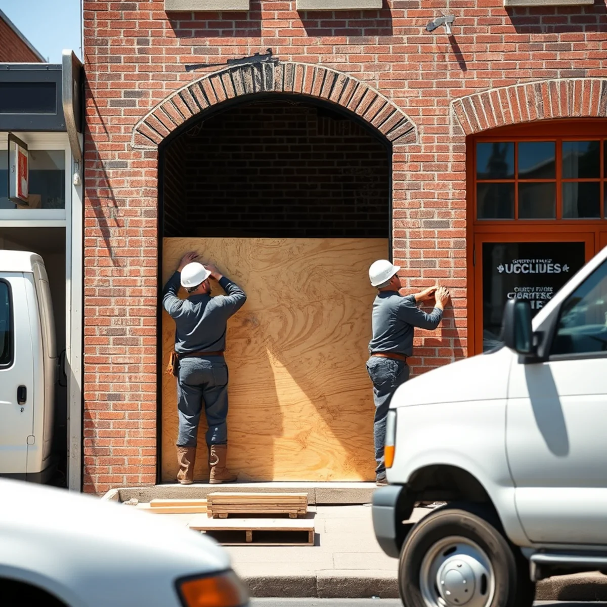Technicians installing plywood board-up on historic brick storefront in Herkimer County