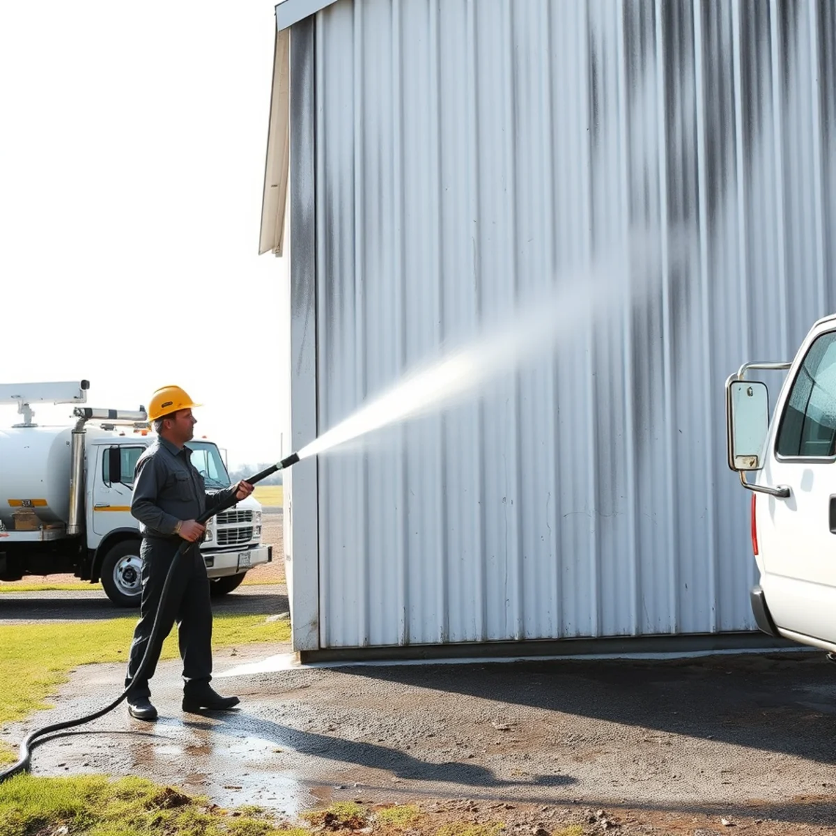 Worker pressure washing fine soot from corrugated metal siding of Herkimer County pole barn