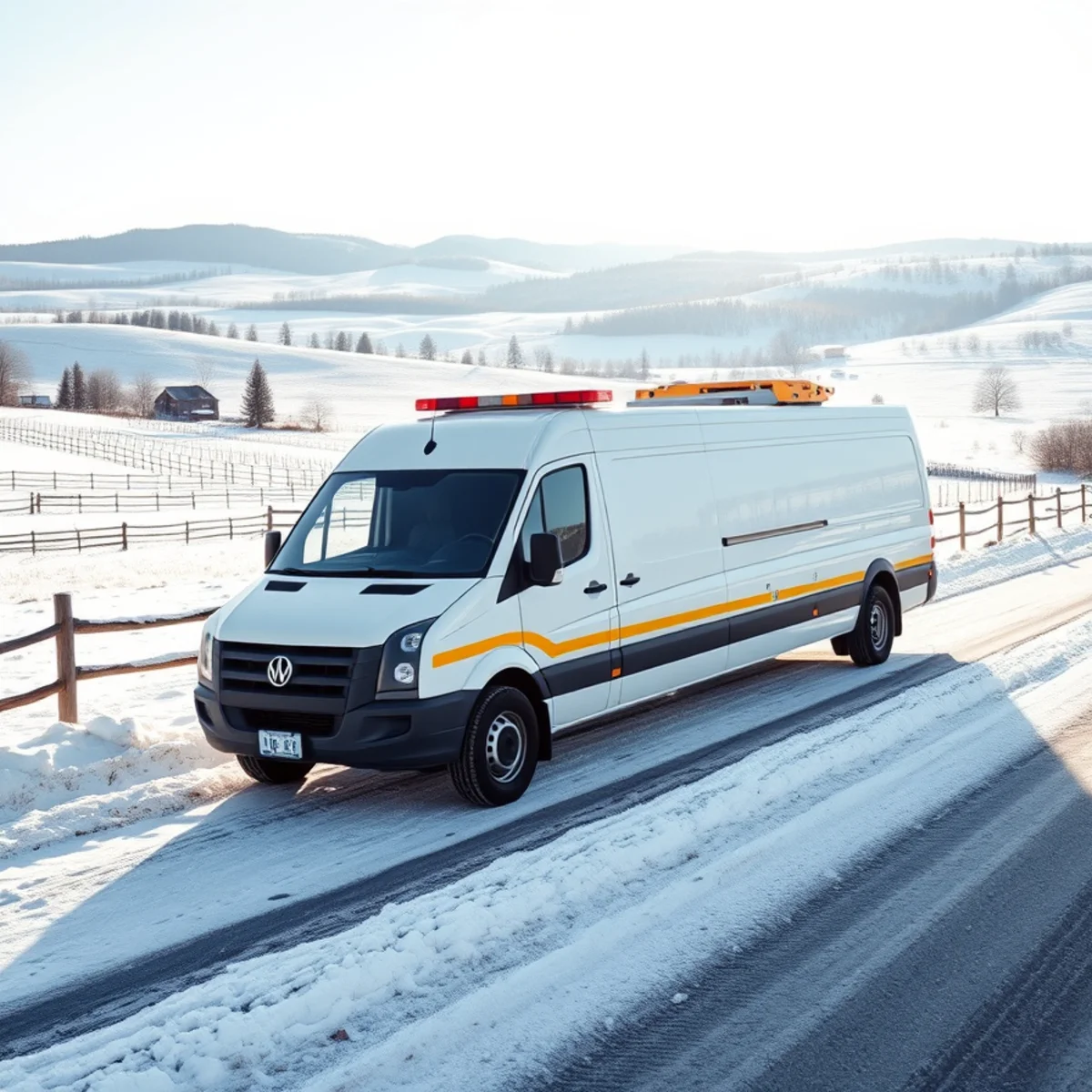 Madison County NY rolling winter agricultural hills with emergency service vehicle on roadside