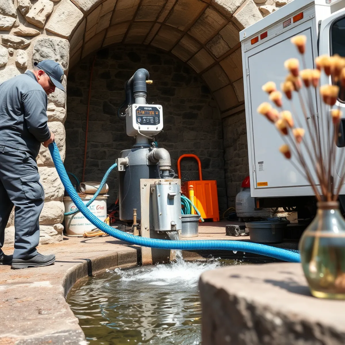 Commercial pump removing standing firefighting water from fieldstone cellar in Morris NY