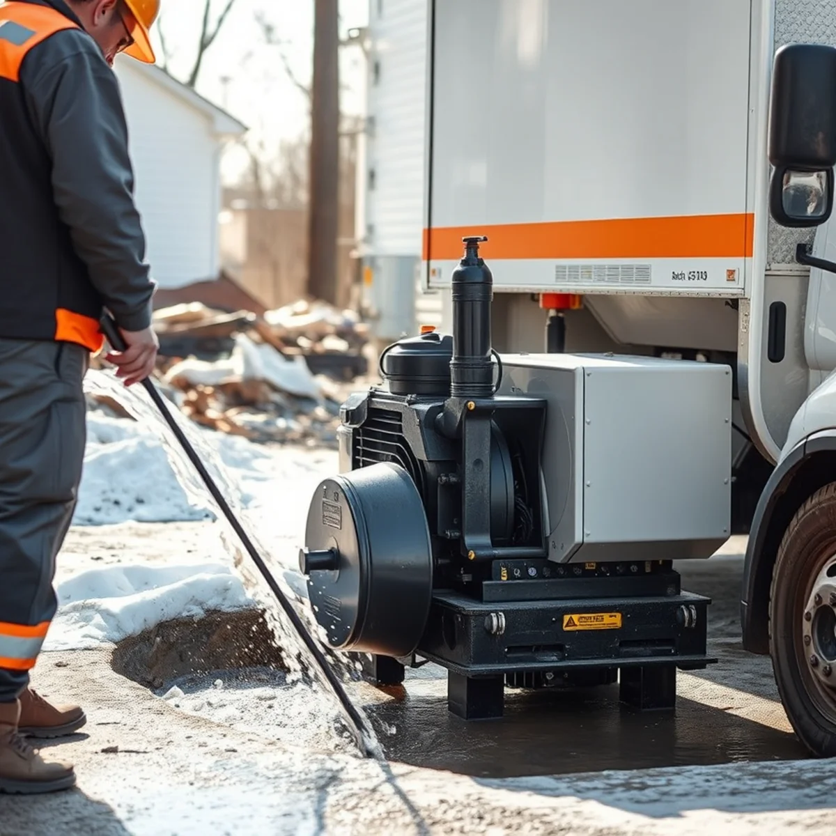 High-capacity trash pump evacuating firefighting water from North Norwich basement near water table
