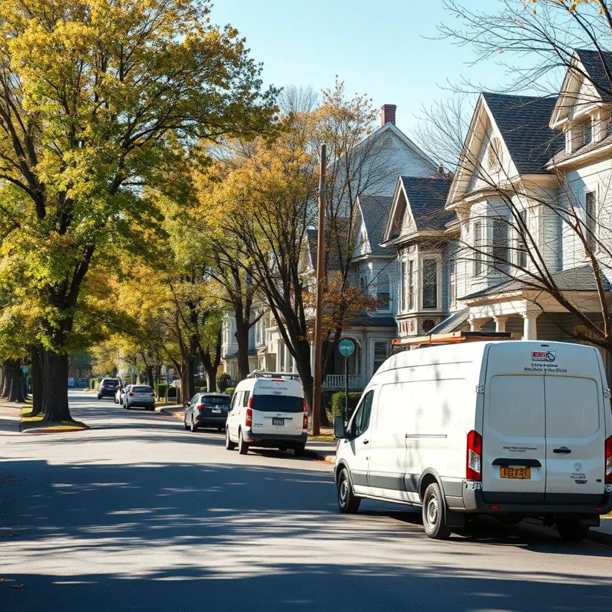 Historic Victorian residential streetscape in Norwich NY with emergency restoration van parked curbside