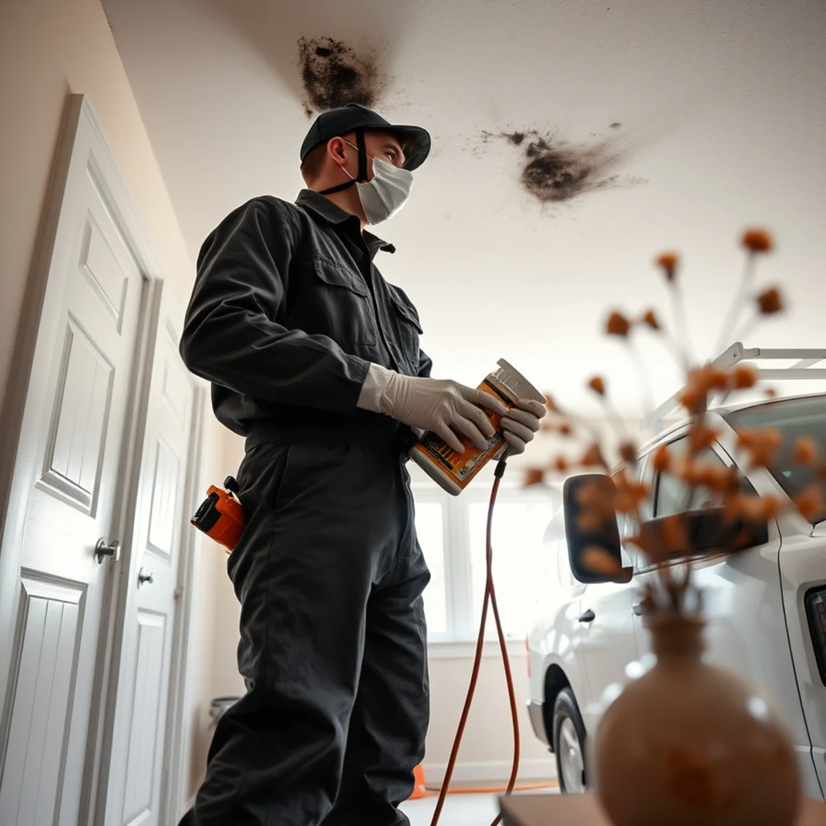 Technician cleaning oily furnace soot from ceiling molding in Oneida County apartment