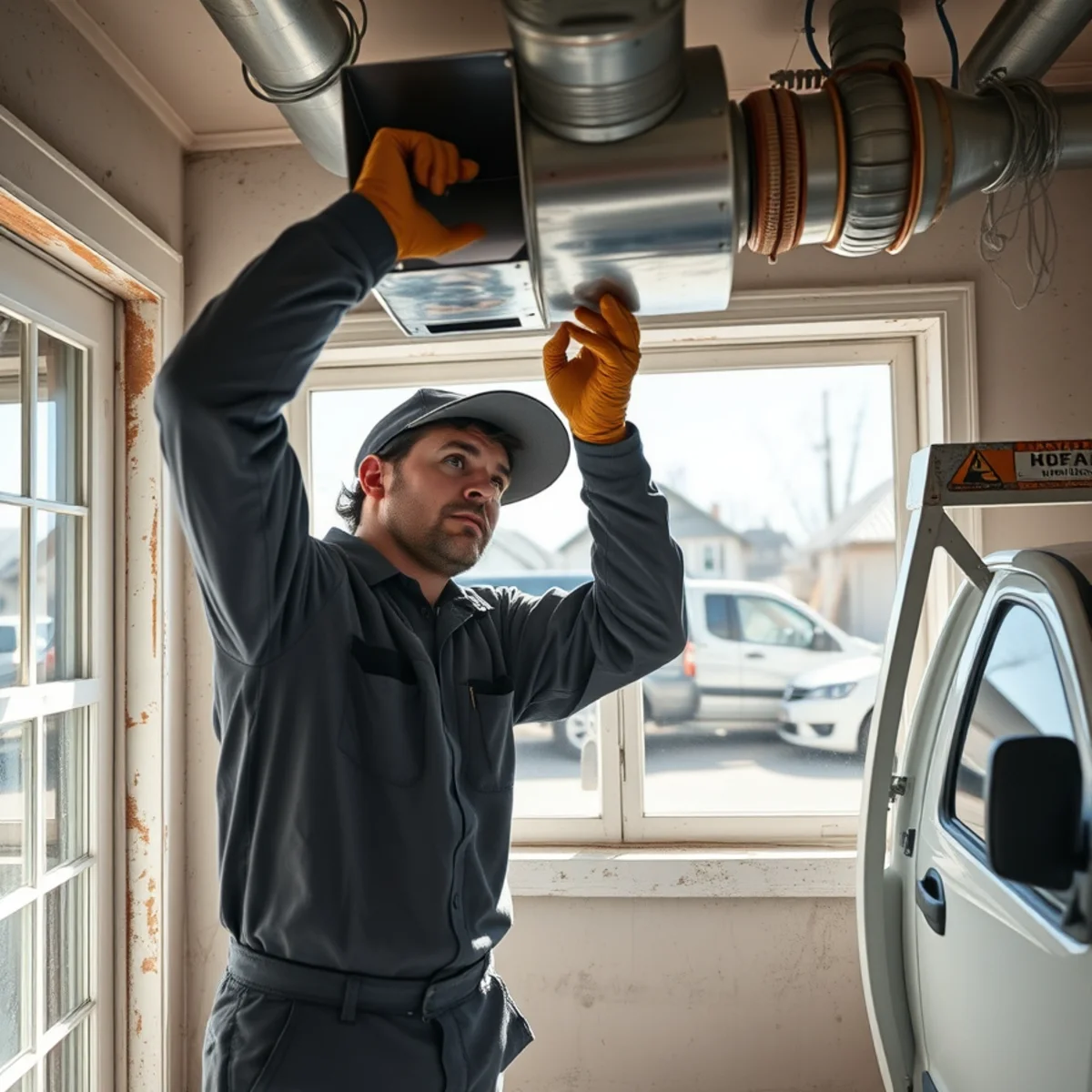 Restoration technician inspecting HVAC ductwork in Oneida County residential property