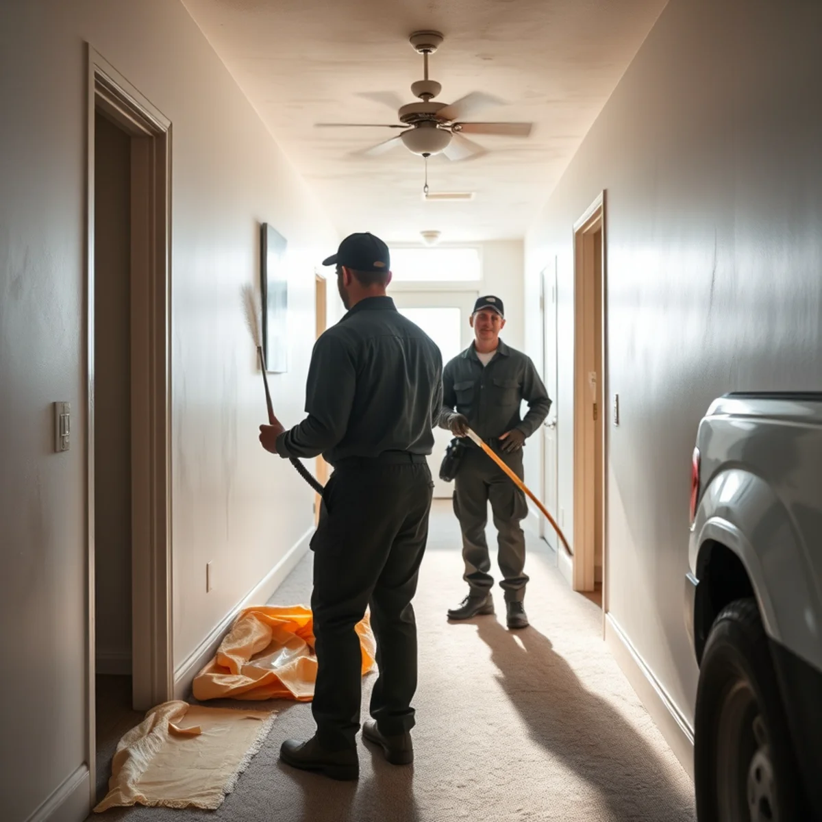 Technicians washing soot from shared hallway walls in an Oneonta multi-family rental building