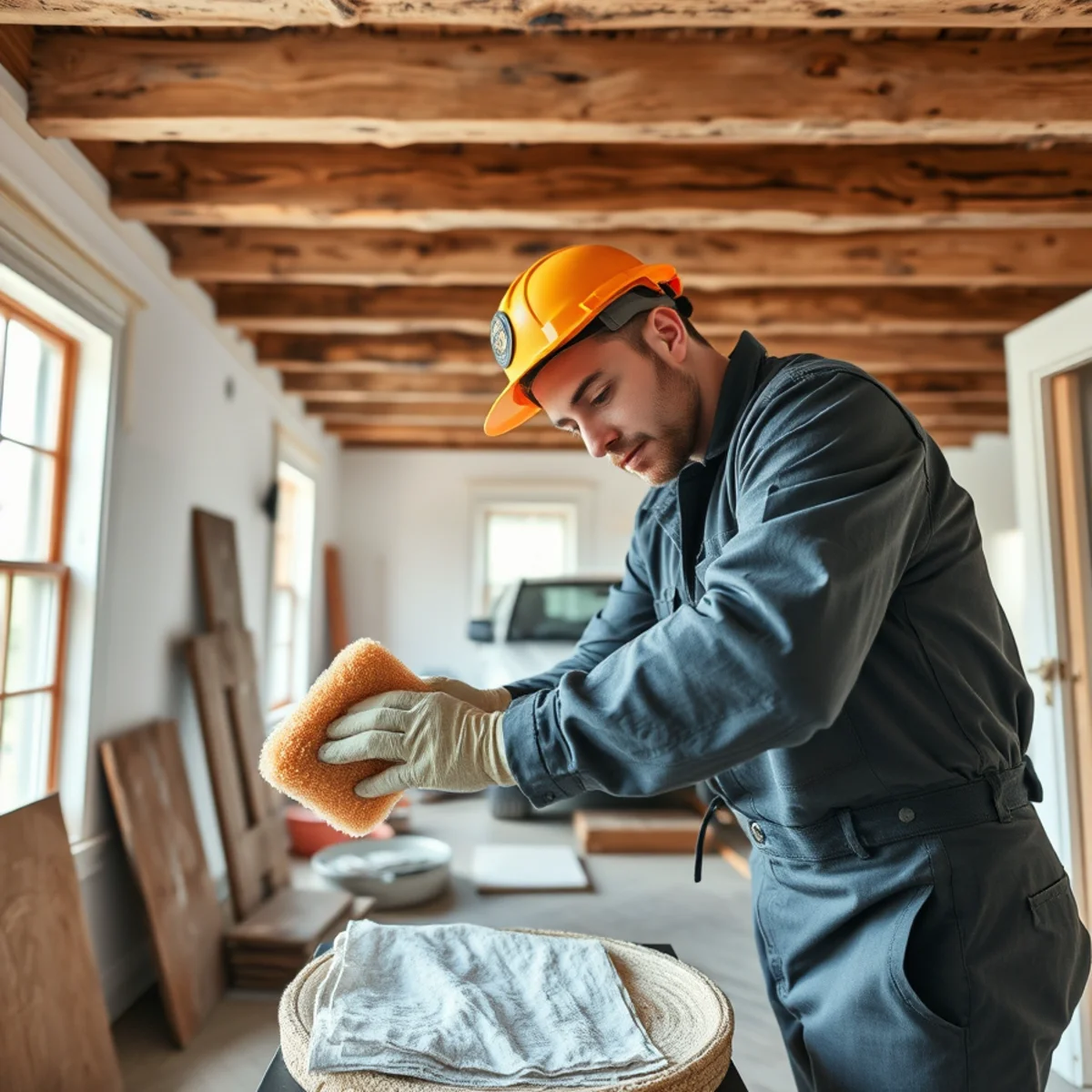 Technician using vulcanized sponge to clean soot from ceiling joists in Otsego County cottage