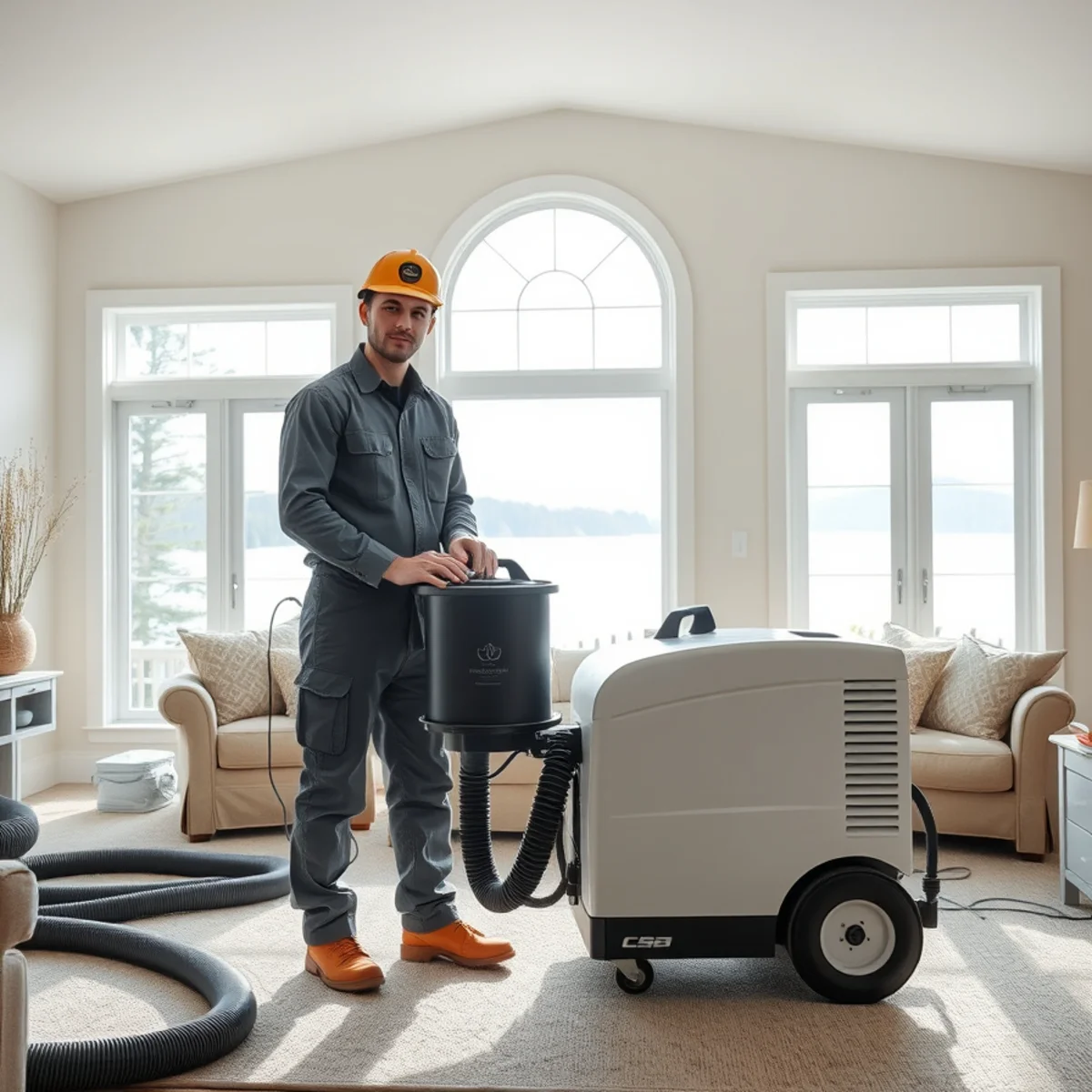 Restoration technician setting up commercial air scrubber in Otsego County lakeside residence