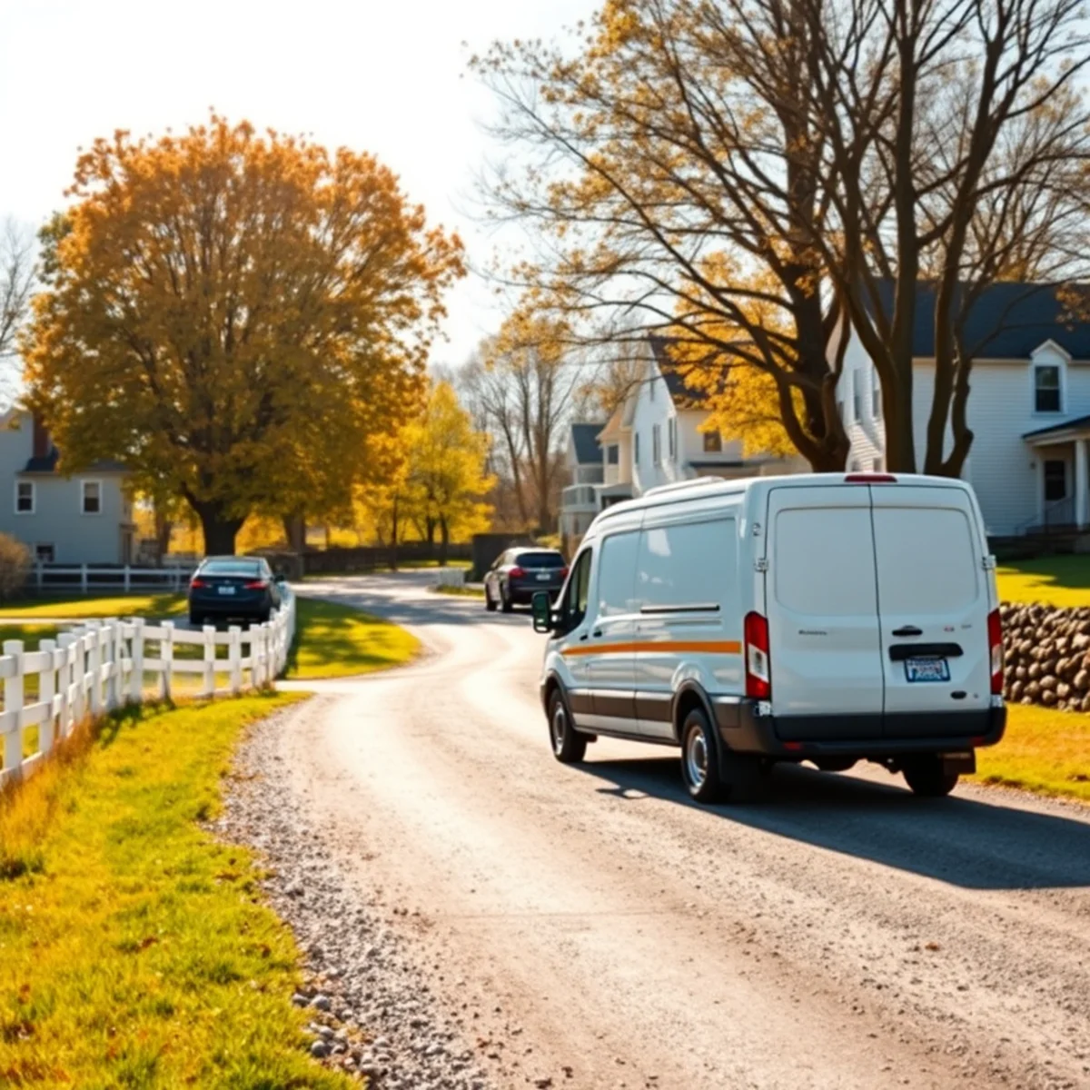 Historic clapboard farmhouses along rural residential road in Pittsfield NY with service vehicle