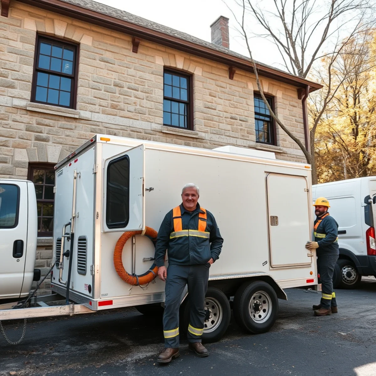 Commercial desiccant drying trailer operating outside historic stone building in Schoharie valley