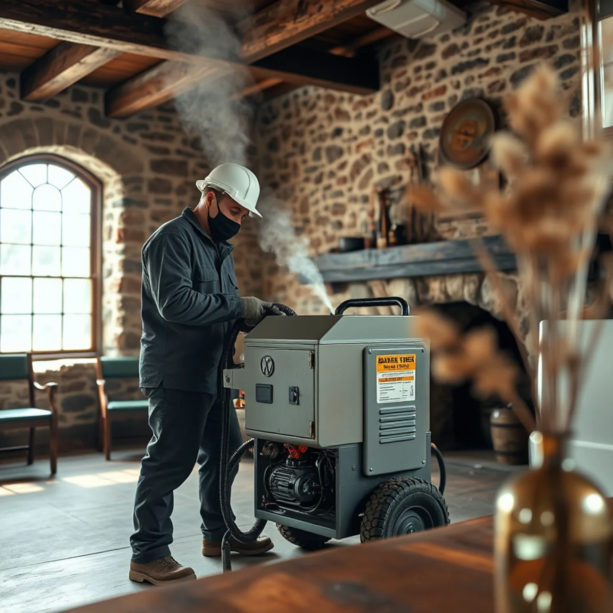 Commercial thermal fogging machine operating inside historic stone tavern room in Schoharie