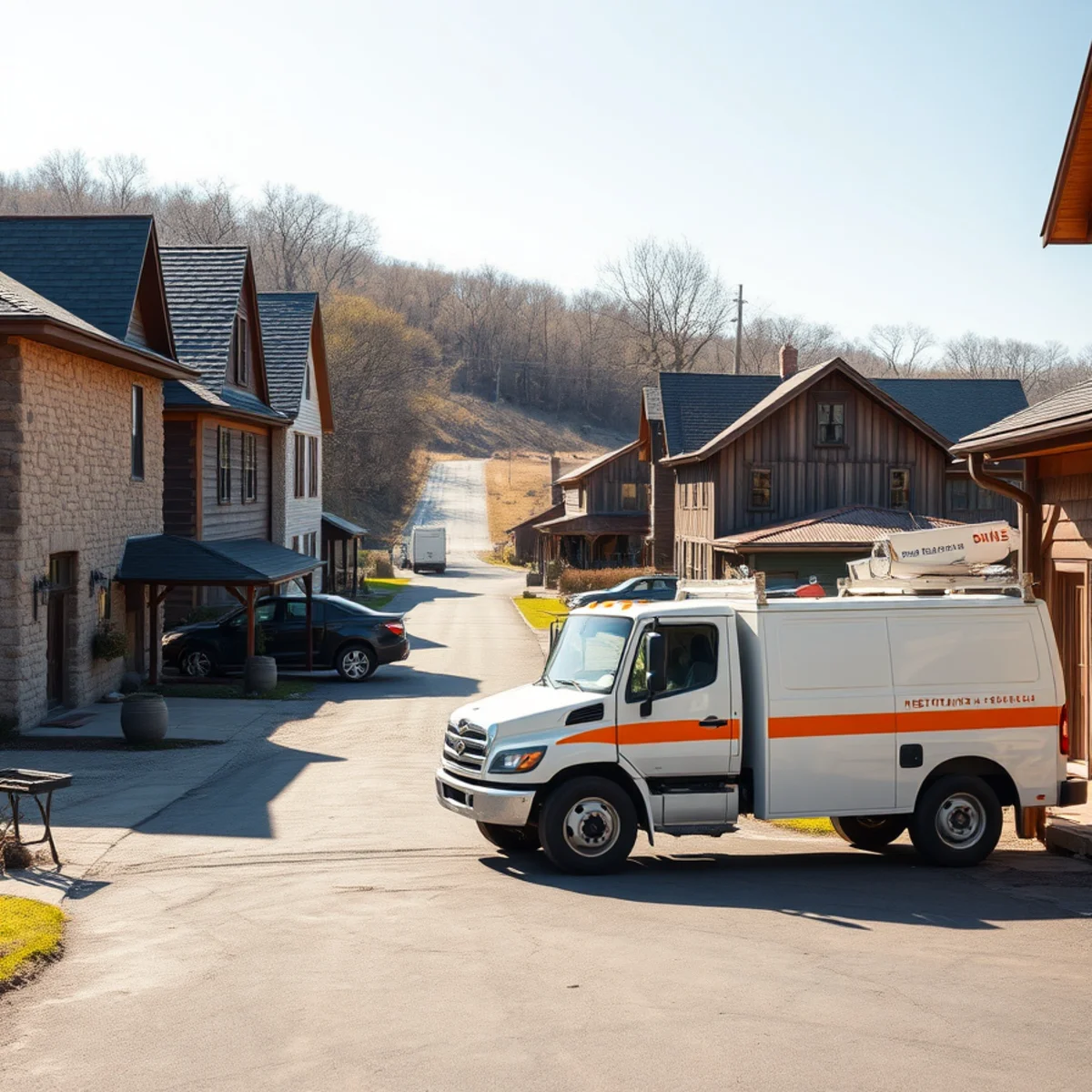 Historic Dutch colonial farmstead and limestone architecture in Schoharie County NY with service truck