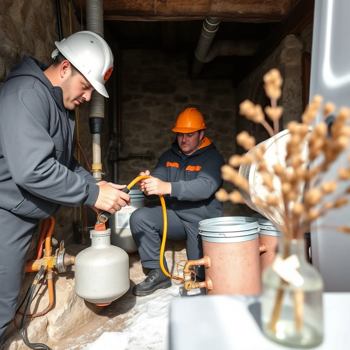 Technician winterizing copper water pipes in fieldstone cellar of Sherburne rural farmstead