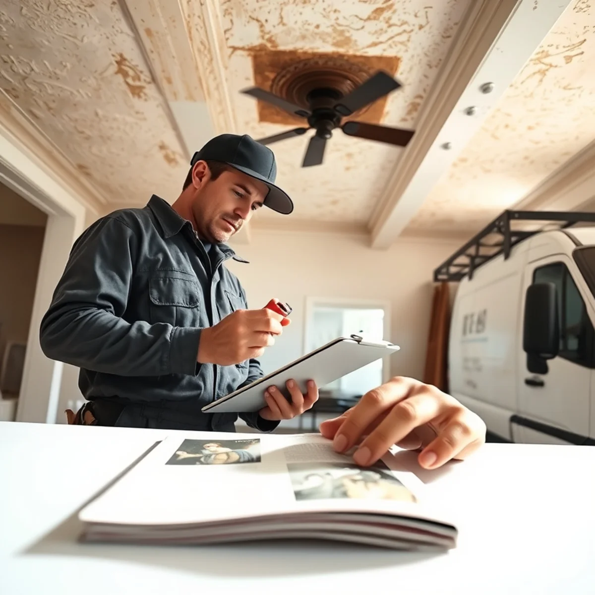 Technician using digital moisture meter on historic lath-and-plaster ceiling in Sherburne