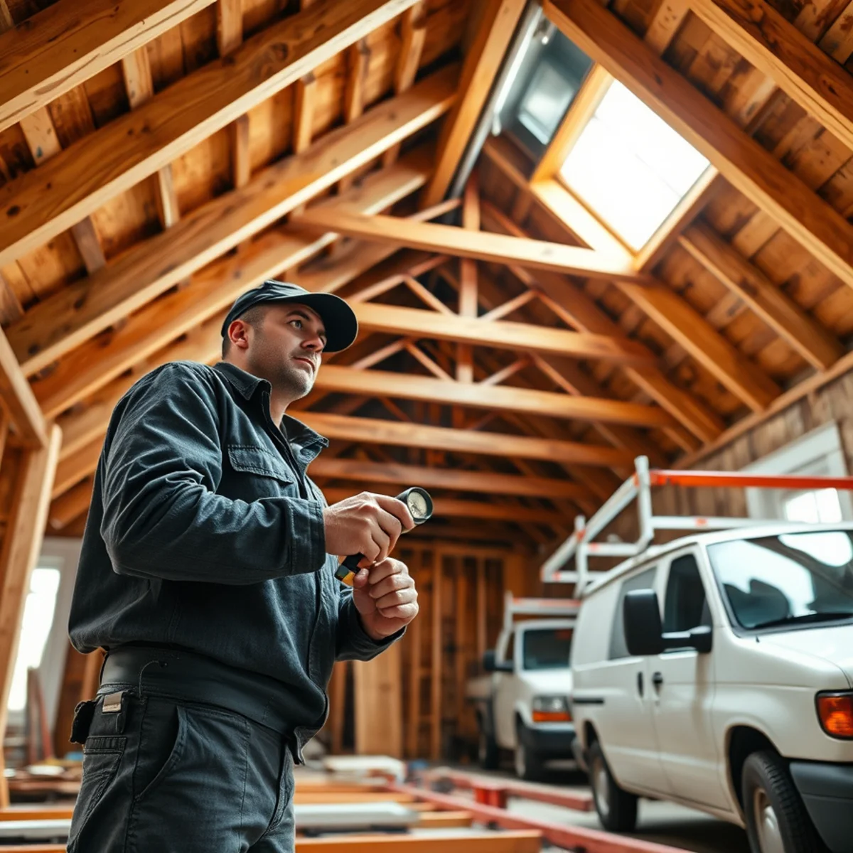 Restoration technician inspecting attic framing and roof rafters inside historic Sherburne colonial home