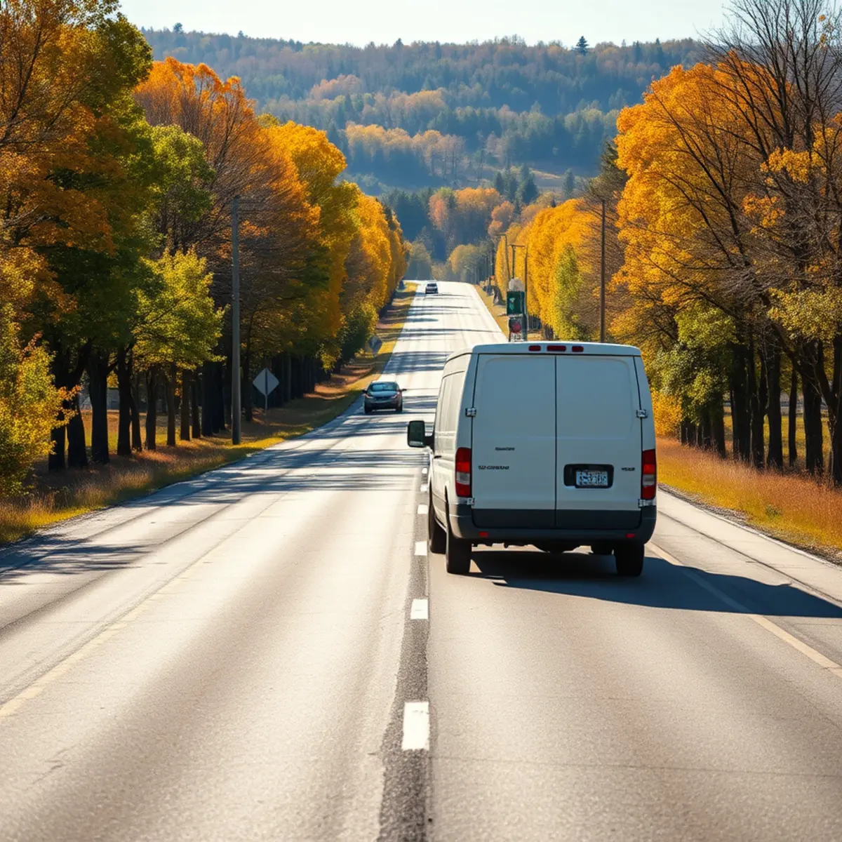 Rural two-lane asphalt highway in Unadilla Valley with restoration cargo van traveling under daylight