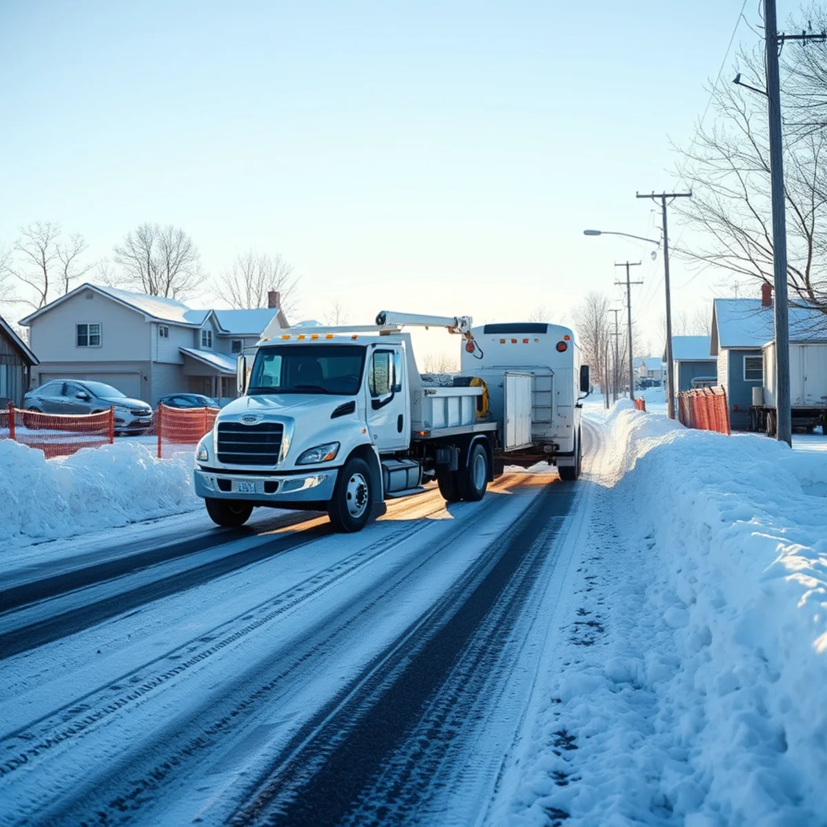 Rural Central New York road with snowbanks and all-wheel drive emergency restoration service truck