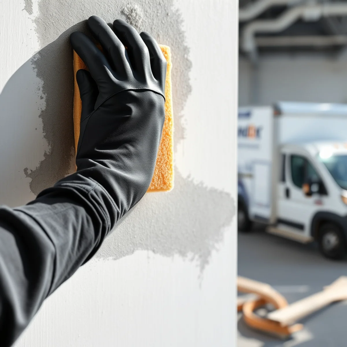 Vulcanized natural rubber dry sponge wiping black soot from interior painted wall in clean strokes