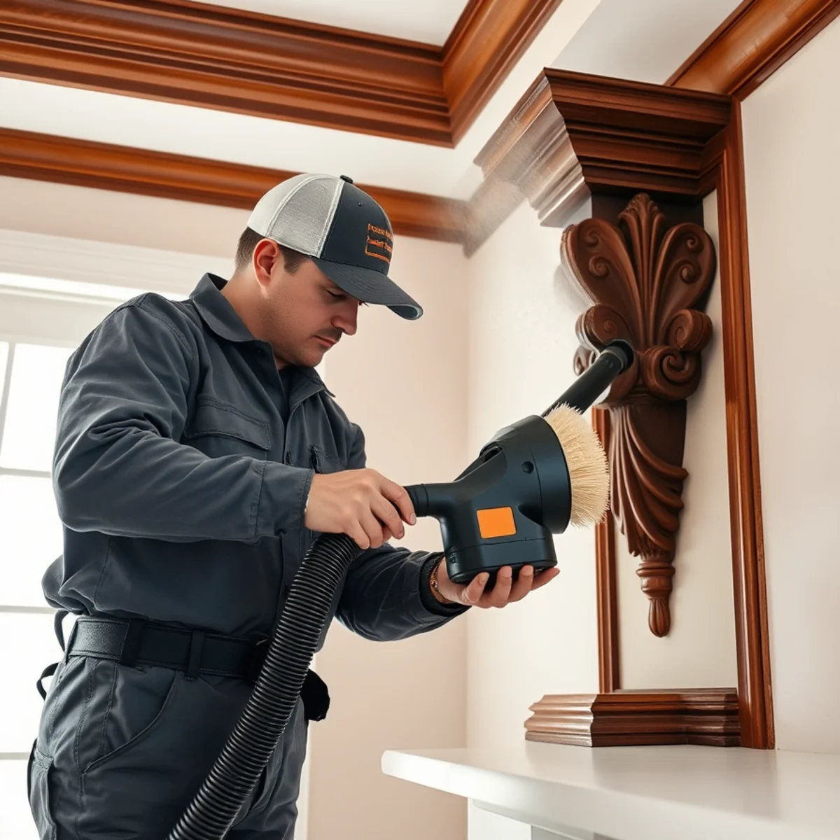 HEPA vacuum with soft brush attachment extracting fine soot dust from decorative wood crown molding