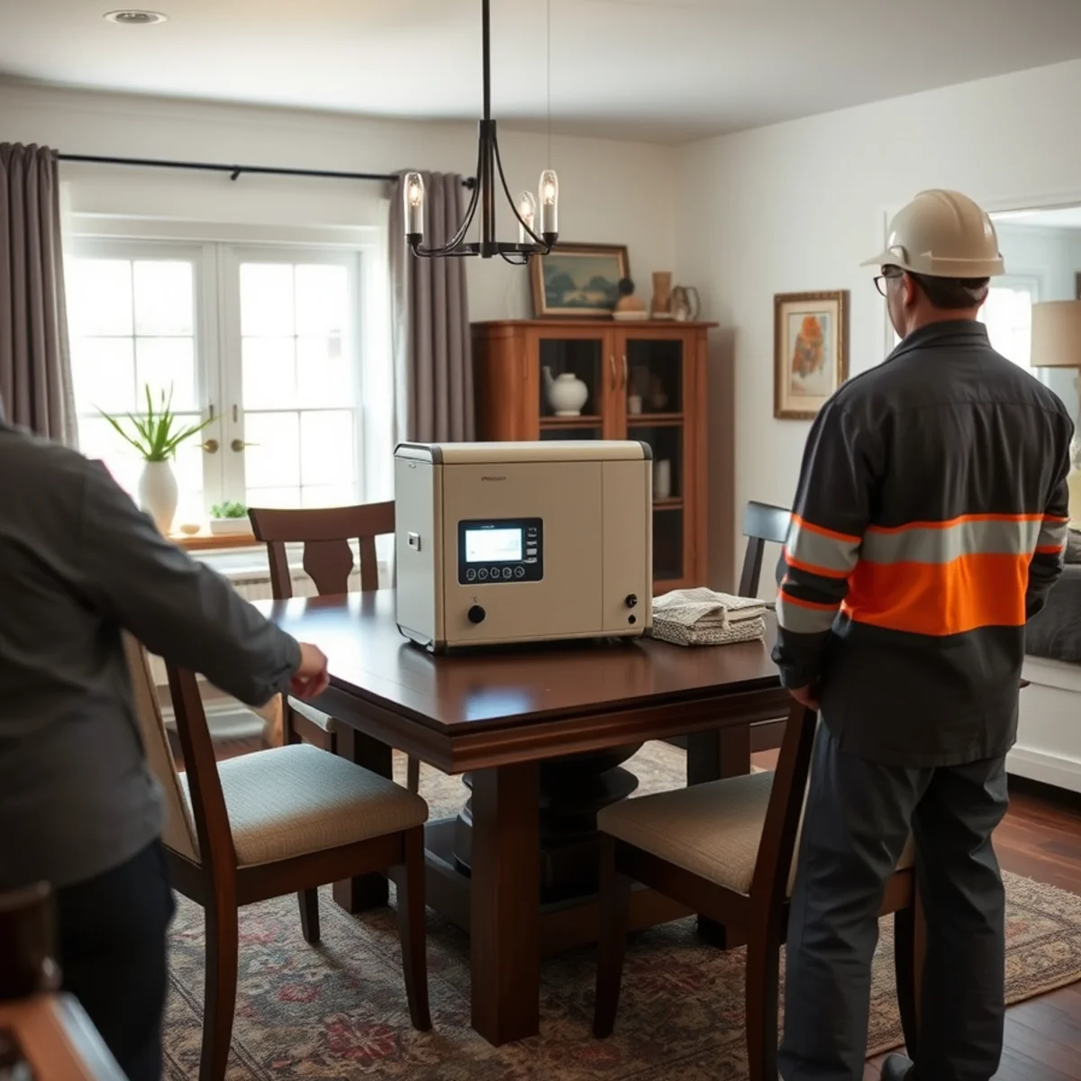 Compact commercial hydroxyl air purifier operating safely in furnished residential dining room