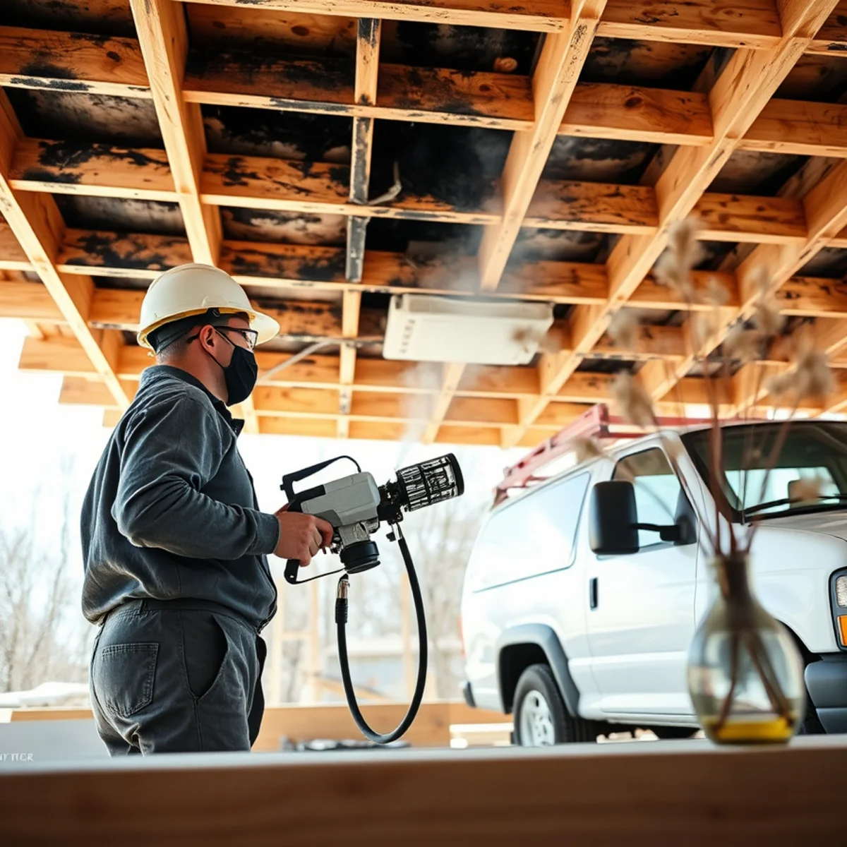Technician applying pigmented shellac-based odor-barrier sealant over exposed charred framing